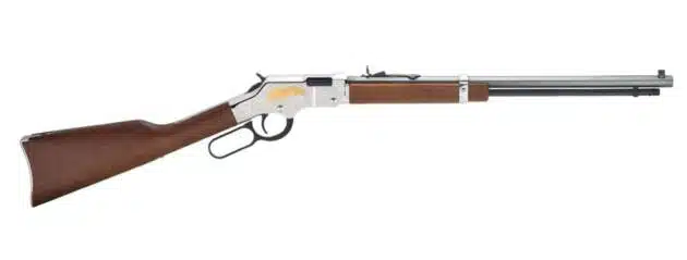 Classic lever-action rifle with polished wood stock and chrome finish, ideal for collectors.