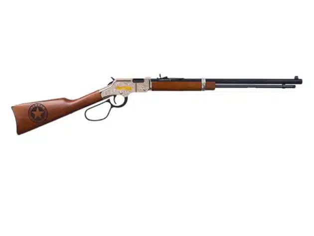 Classic lever-action rifle with polished wood stock and chrome finish, perfect for collectors.