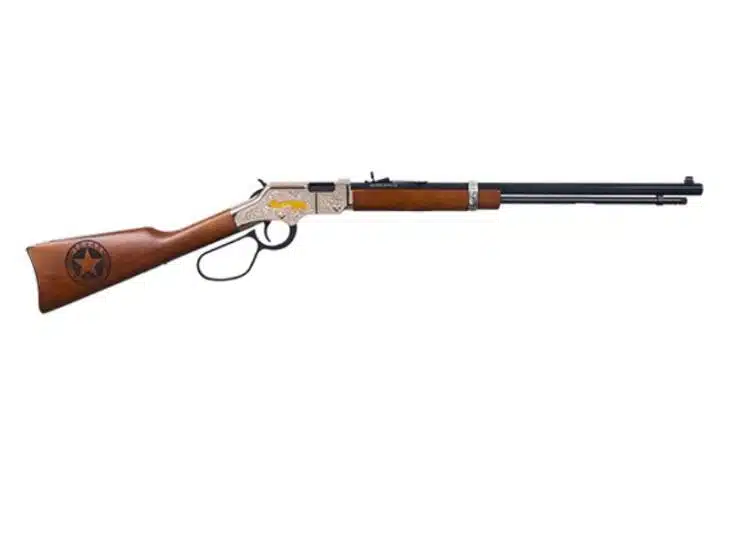 Classic lever-action rifle with polished wood stock and chrome finish, perfect for collectors.