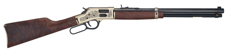 Elegant lever-action rifle with engraved receiver, blued barrel, and rich wooden stock.