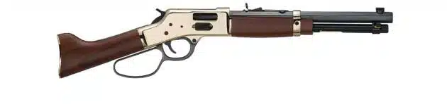 Stylish lever-action rifle featuring polished metal and dark wood, perfect for hunting and recreation.