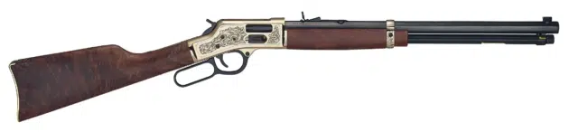 Classic lever-action rifle with engraved walnut stock, blending artistry and functionality for enthusiasts.