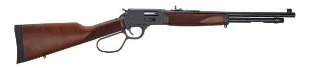 Sleek lever-action rifle with polished metal and rich wood, ideal for accuracy and style.