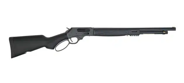 Sleek matte black lever-action rifle with classic wooden stock, perfect for hunting and sport shooting.