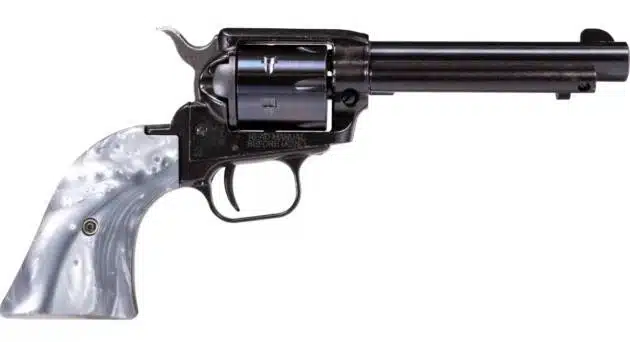 Sleek black revolver with elegant marble grip; perfect for collectors and firearm enthusiasts.