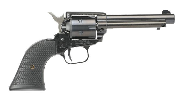 Classic revolver with textured grip, sleek metallic finish, and functional rotating cylinder.