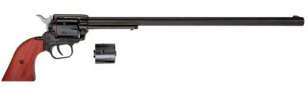 Classic revolver with a sleek barrel and polished wooden grip for collectors and enthusiasts.