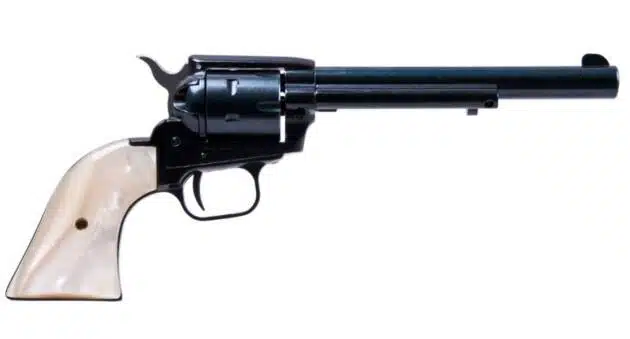 Elegant 19th century single-action revolver with polished finish and distinctive ivory-like grip.