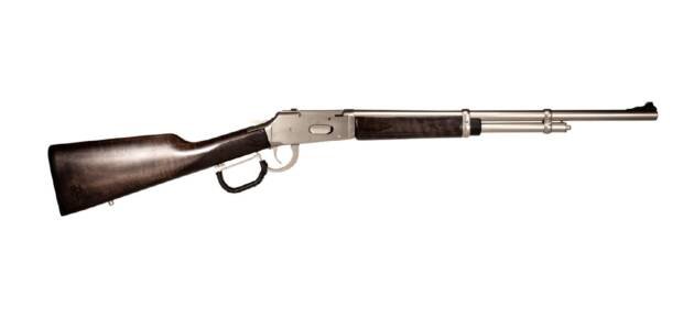 Polished lever-action rifle with dark wood stock, perfect for hunting and sport shooting enthusiasts.