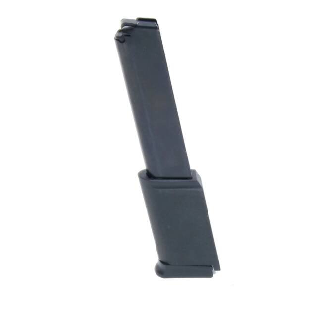 Durable polymer black firearm magazine for reliable semi-automatic use and efficient ammunition feeding.