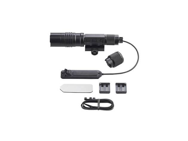 High-performance tactical flashlight with rifle mount, ergonomic switch, and versatile accessories for outdoor use.