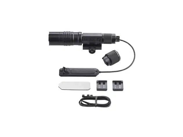 High-performance tactical flashlight with rifle mount, ergonomic switch, and versatile accessories for outdoor use.