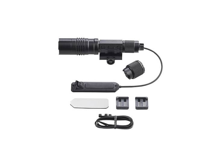 High-performance tactical flashlight with rifle mount, ergonomic switch, and versatile accessories for outdoor use.