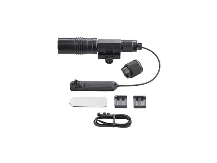 High-performance tactical flashlight with rifle mount, ergonomic switch, and versatile accessories for outdoor use.