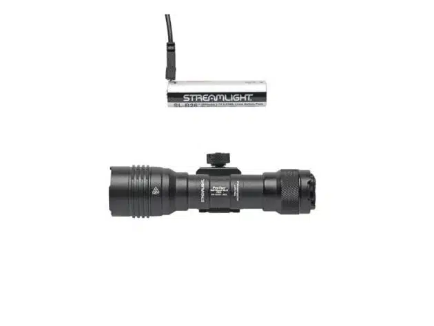 Versatile tactical LED flashlight with mounting system and rechargeable battery for outdoor and professional use.