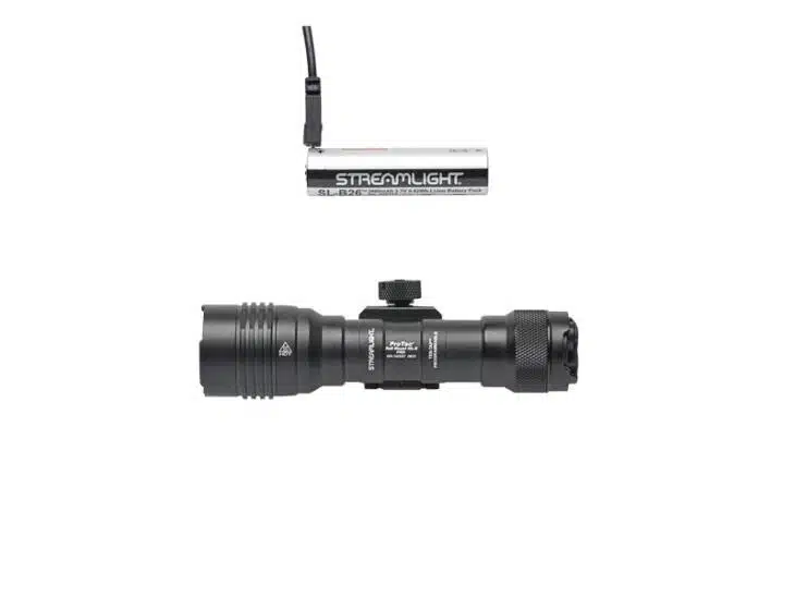 Versatile tactical LED flashlight with mounting system and rechargeable battery for outdoor and professional use.