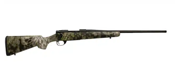 Precision bolt-action hunting rifle with camo stock and sleek, non-reflective barrel.