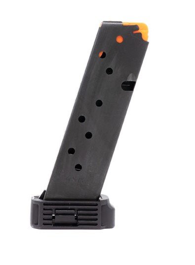 High-capacity black magazine with orange follower for semi-automatic firearms, ensuring safety and efficiency.