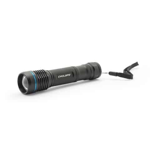 Durable compact flashlight with blue accents, ergonomic grip, and lanyard for portability and convenience.