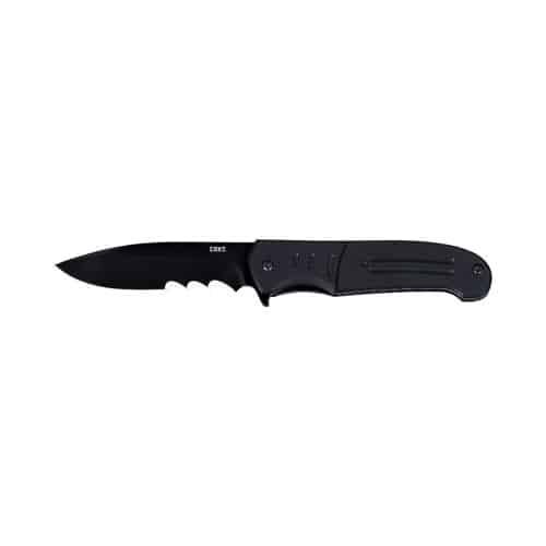 Sleek tactical black knife with serrated stainless steel blade, ergonomic handle, and secure lock mechanism.