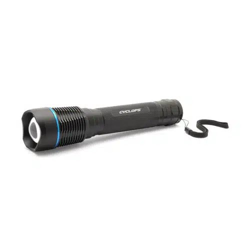 Durable black flashlight with blue accents, textured grip, and protective lens for reliable illumination.