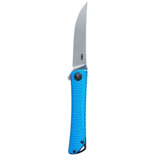 Stylish blue folding knife with ergonomic grip and stainless steel blade for versatile use.