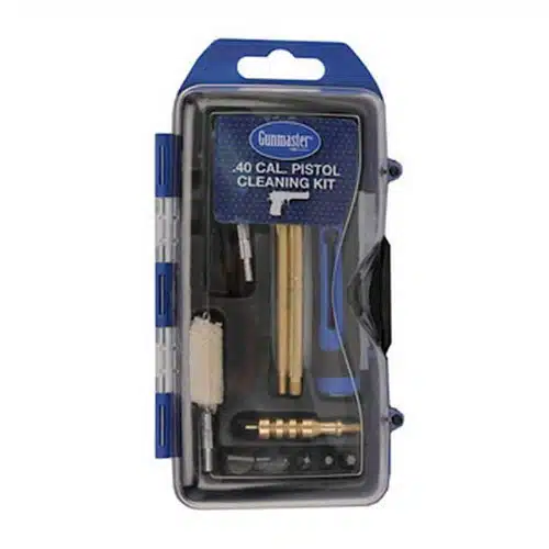 Compact .40 caliber pistol cleaning kit with brass rod, brushes, and patches for efficient maintenance.