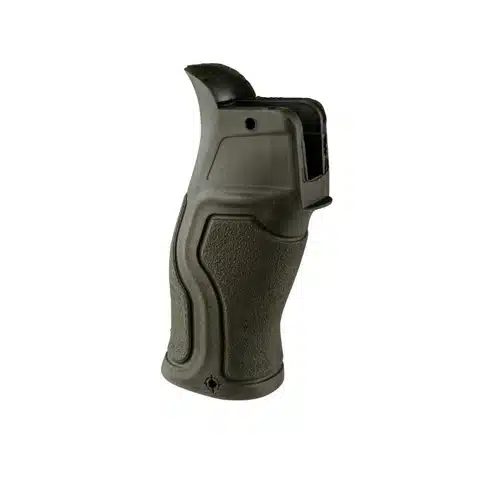 Ergonomic tactical firearm grip with textured surface for enhanced control and comfort.