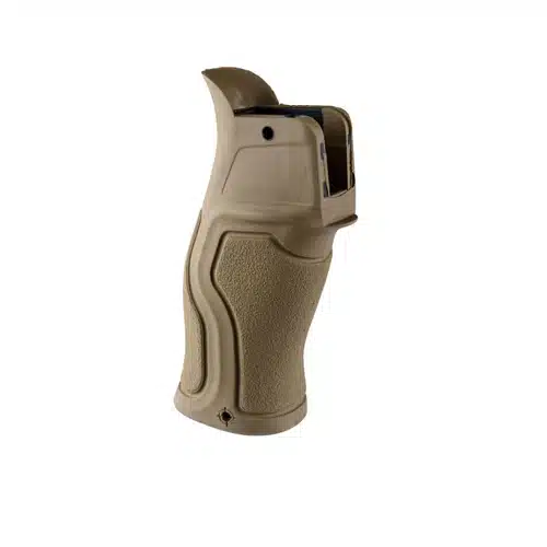 Ergonomic light tan tactical grip with non-slip surface and storage compartment for firearms.