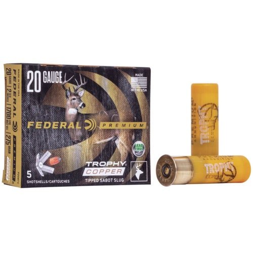 Federal Premium 20-Gauge Shotgun Shells, Trophy Copper design for deer hunting, high visibility yellow shells.