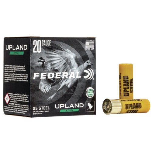 Federal 20 Gauge Upland Steel Shot Ammunition for eco-friendly game bird hunting. 25 rounds per box.