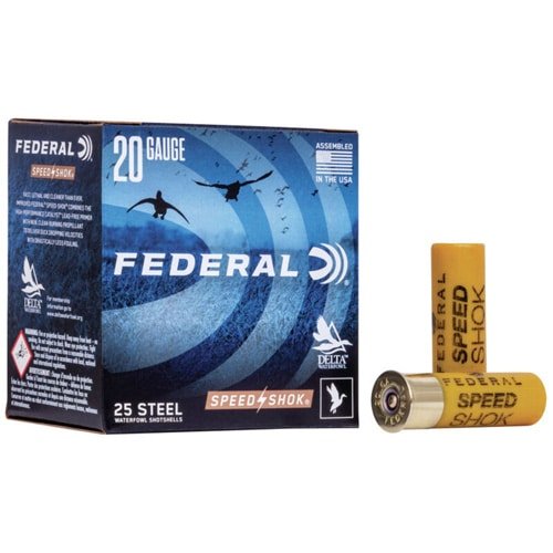 Federal 20-gauge Speed Shock shotgun shells, designed for fast, effective waterfowl hunting.