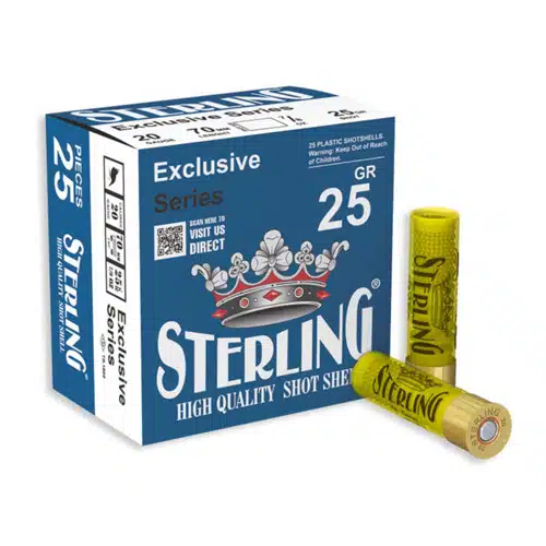 Premium Sterling 20 Gauge shotgun shells, 25 reliable rounds for hunting and sport shooting.