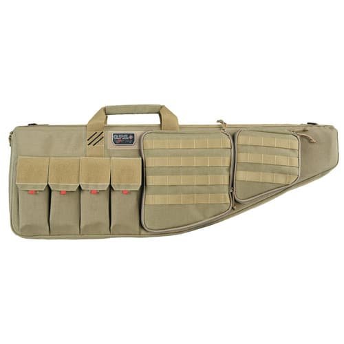 Durable khaki tactical rifle case with MOLLE pouches and ergonomic handle for easy transport.