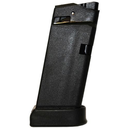 Durable black polymer magazine with witness holes for efficient ammo storage in firearms.