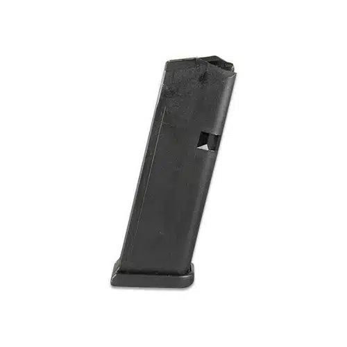 Black semi-automatic pistol magazine for reliable ammunition storage and smooth feeding.