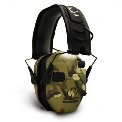 Camouflage electronic earmuffs for shooting and hunting, offering comfort and advanced noise protection.