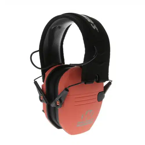 Bright orange ear protection headphones with adjustable headband and communication features for noisy environments.