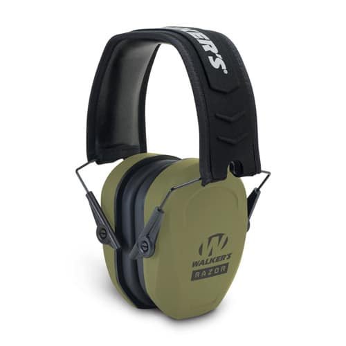 Olive green electronic earmuffs provide effective hearing protection and comfort for noisy environments.