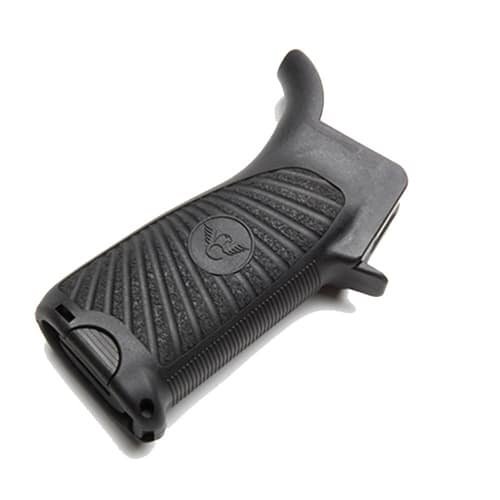 Ergonomic black firearm grip with textured surface and beavertail design for enhanced control and comfort.