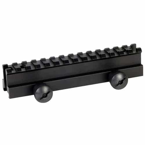 Durable black Picatinny rail for tactical accessories, ideal for firearms and airsoft customization.