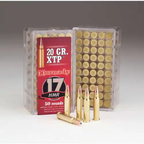 Hornady .17 HMR 20 GR XTP ammunition in a box of 50 rounds for precision shooting.