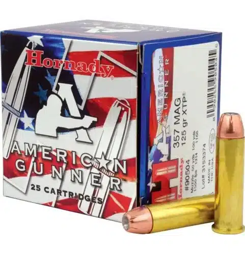 Hornady American Gunner .357 Magnum ammo, 125 gr XTP, 25 cartridges for reliable performance.