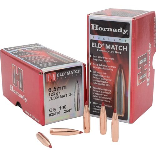 Hornady ELD Match 6.5mm bullets: 123 grains, precision-engineered for superior accuracy and performance.