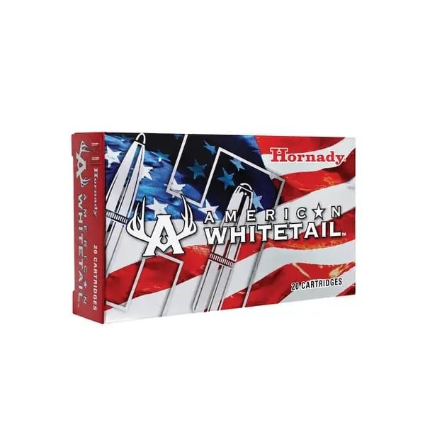 Hornady American Whitetail ammunition box designed for hunting whitetail deer with patriotic packaging.