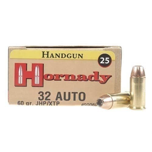 Hornady .32 Auto 60 gr JHP ammunition, 25 rounds for reliable self-defense performance.