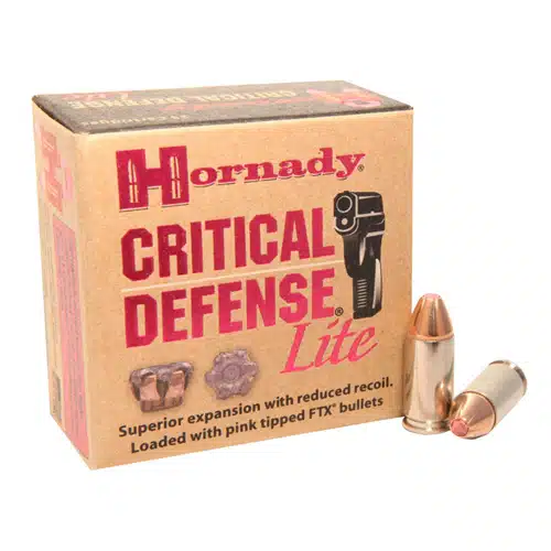 Hornady Critical Defense Lite ammo with pink-tipped FTX bullets for reliable self-defense.