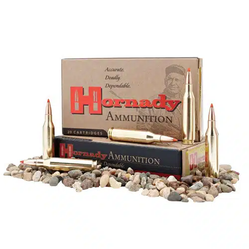 Hornady precision ammunition: premium quality rounds in iconic red and gold packaging. Perfect for hunters.