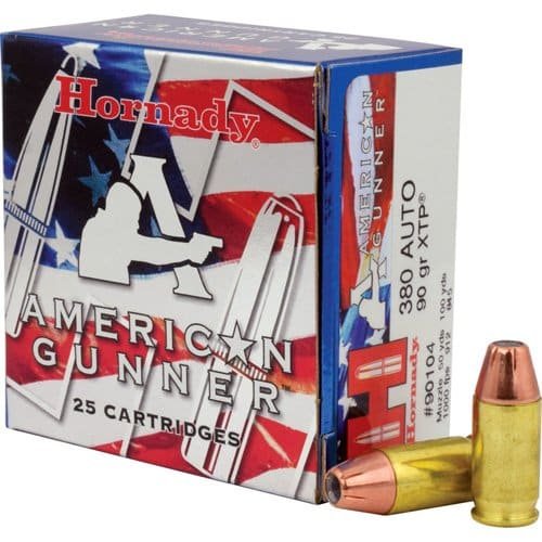 Hornady American Gunner .380 Auto ammo features 90gr XTP for reliable self-defense and sport shooting.