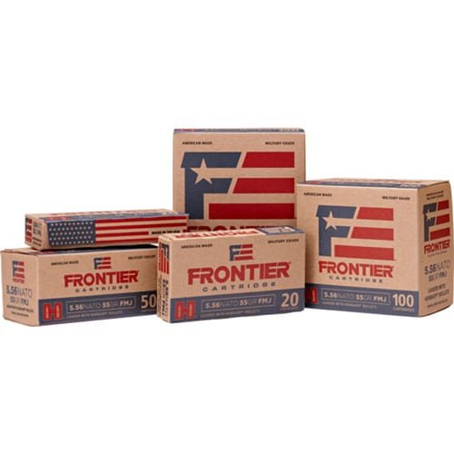 Frontier ammunition boxes with patriotic American flag design in various sizes for shooting enthusiasts.